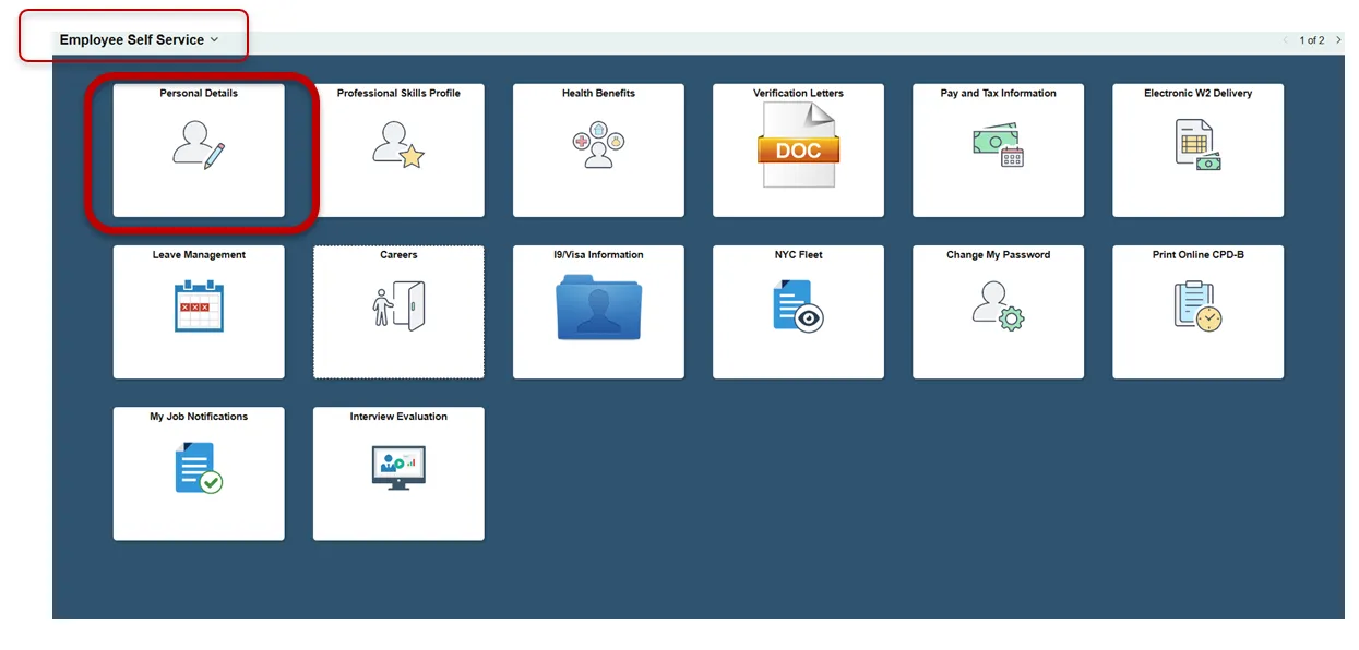 Employee Self Service screen with Personal Details highlighted.
