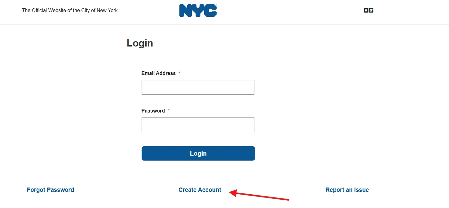 NYC ID page with arrow pointing to create account.