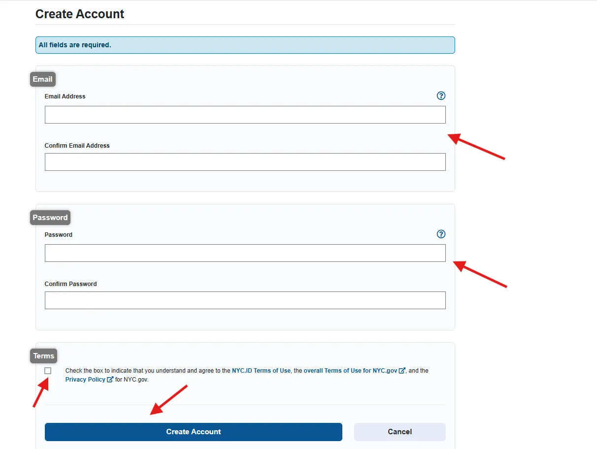 NYC ID create account page with arrow pointing to email address and password inputs.